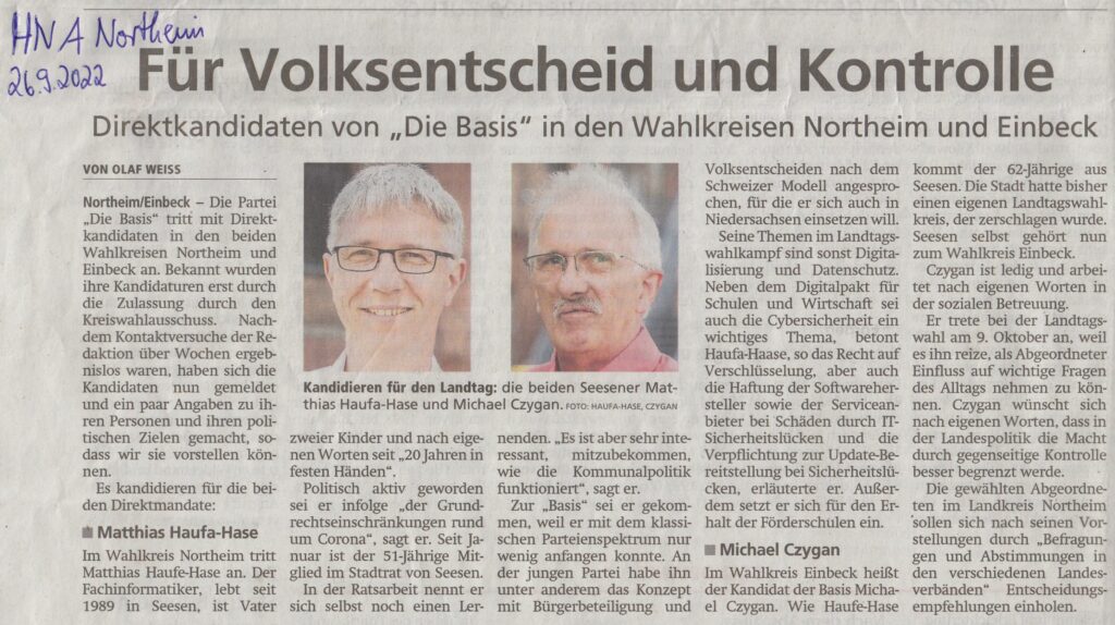 Zeitungsartikel aus der HNA Northeim vom 26.09.2022